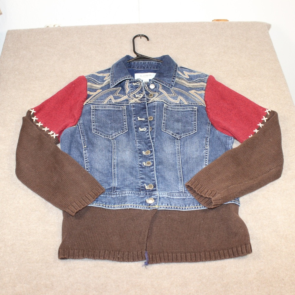 Platinum Chicos Denim Knit Mixed Media Embroidered Jacket Blue Brown Red Size 1